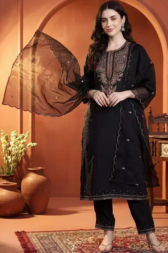 Women Ethnic Motifs Embroidered Regular Thread Work Pure Cotton Kurta with Trousers & With Dupatta