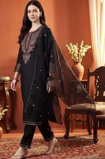 Women Ethnic Motifs Embroidered Regular Thread Work Pure Cotton Kurta with Trousers & With Dupatta