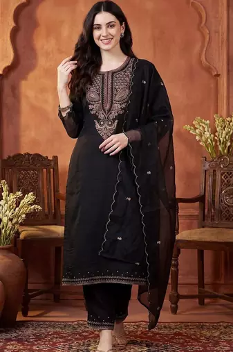 Women Ethnic Motifs Embroidered Regular Thread Work Pure Cotton Kurta with Trousers & With Dupatta