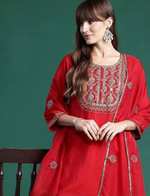 Women Ethnic Motifs Embroidered Regular Liva Kurta with Trousers & With Dupatta 1
