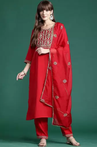 Women Ethnic Motifs Embroidered Regular Liva Kurta with Trousers & With Dupatta
