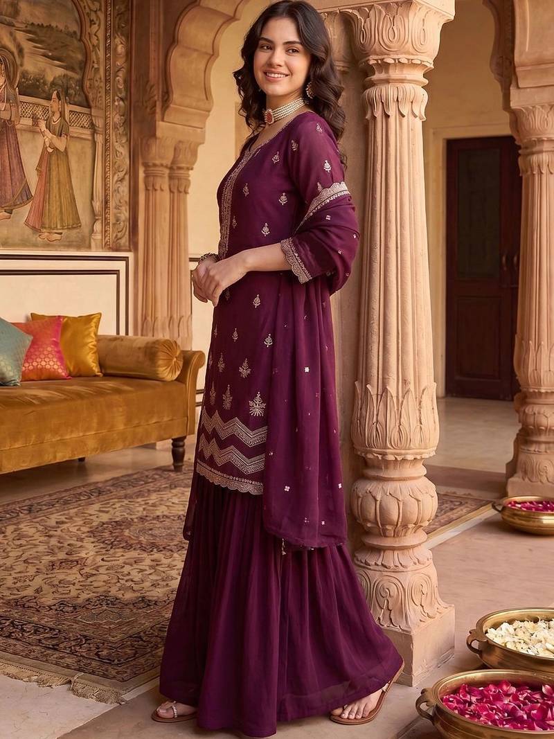 Women Ethnic Motifs Embroidered Regular Kurta with Sharara & With Dupatta