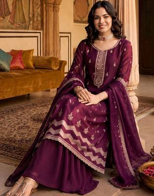Women Ethnic Motifs Embroidered Regular Kurta with Sharara & With Dupatta 4