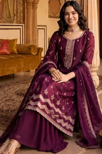 Women Ethnic Motifs Embroidered Regular Kurta with Sharara & With Dupatta