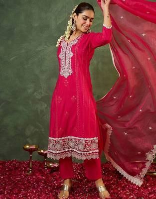 Women Ethnic Motifs Embroidered Regular Thread Work Kurta with Trousers & With Dupatta 1