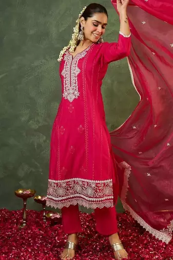 Women Ethnic Motifs Embroidered Regular Thread Work Kurta with Trousers & With Dupatta