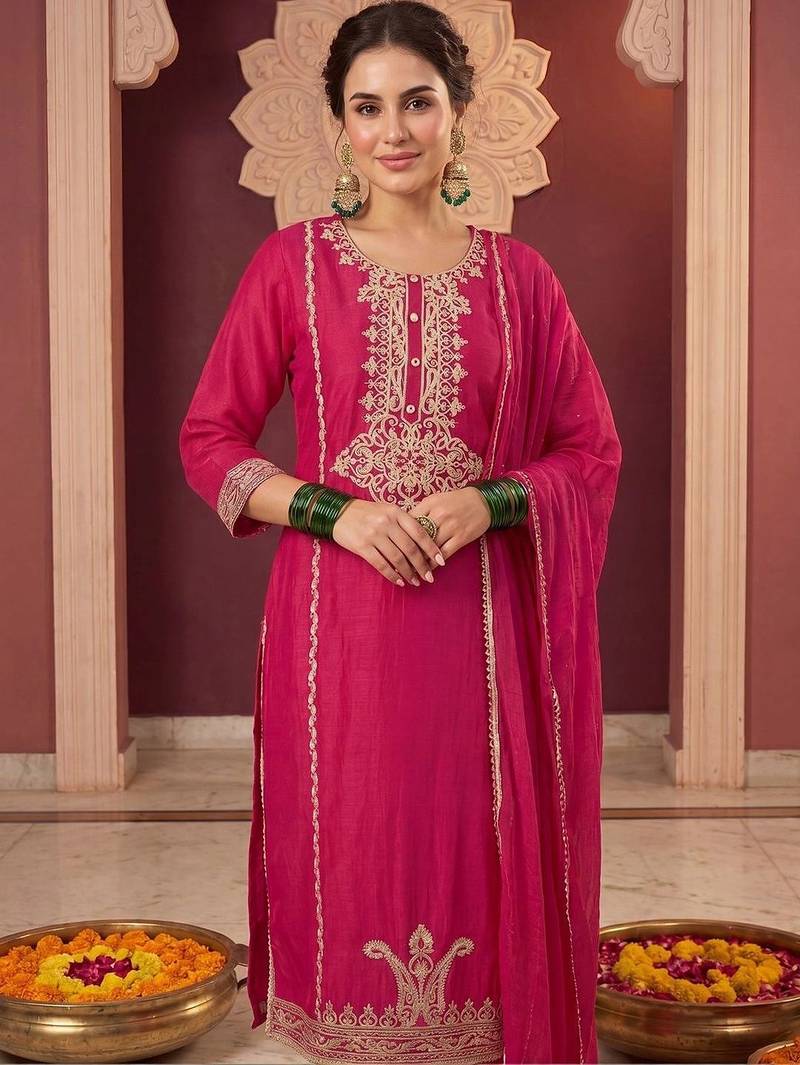 Women Ethnic Motifs Embroidered Regular Thread Work Kurta with Trousers & With Dupatta