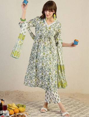 Floral Printed Empire Pure Cotton Kurta With Trousers & Dupatta 3