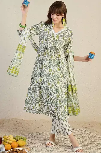 Floral Printed Empire Pure Cotton Kurta With Trousers & Dupatta