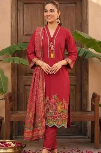 Women Ethnic Motifs Embroidered Regular Thread Work Kurta with Trousers & With Dupatta