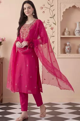 Ethnic Motifs Embroidered Thread Work Kurta With Trousers & Dupatta