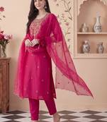 Ethnic Motifs Embroidered Thread Work Kurta With Trousers & Dupatta