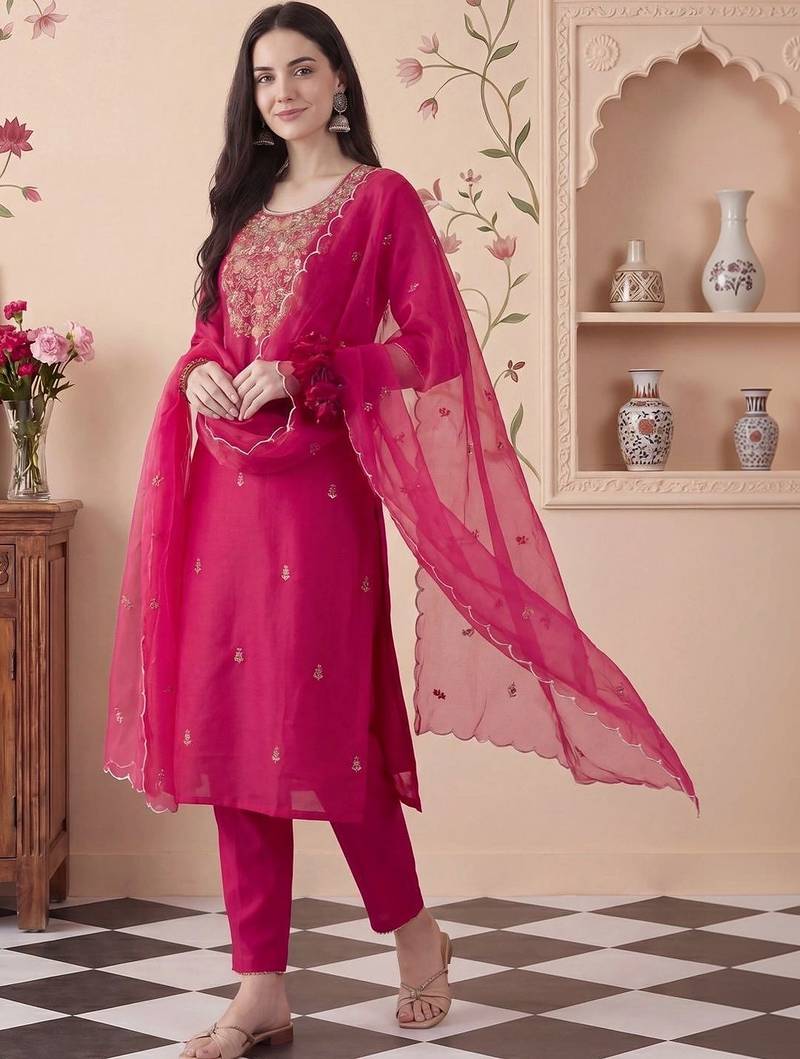Ethnic Motifs Embroidered Thread Work Kurta With Trousers & Dupatta