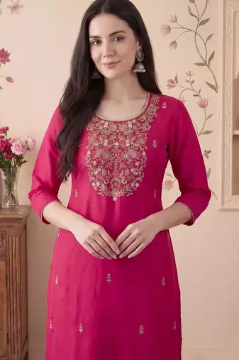 Ethnic Motifs Embroidered Thread Work Kurta With Trousers & Dupatta