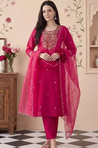 Ethnic Motifs Embroidered Thread Work Kurta With Trousers & Dupatta