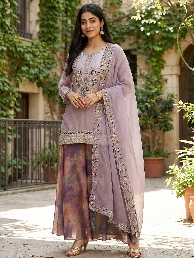 Women's Beautiful Embroidery Work Fendy Satin Fabric Straight Kurta Palazzo and Dupatta Set