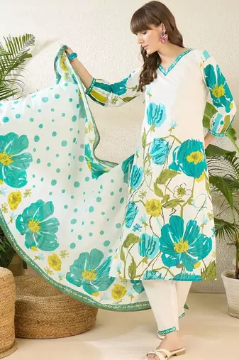 Women Floral Printed Regular Pure Cotton Kurta with Trousers & With Dupatta
