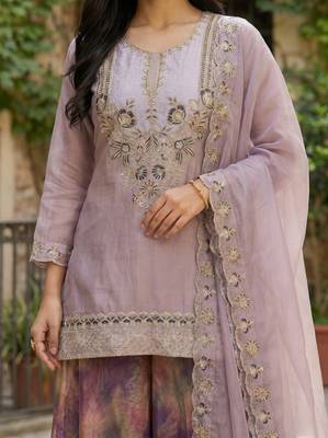 Women's Beautiful Embroidery Work Fendy Satin Fabric Straight Kurta Palazzo and Dupatta Set 2