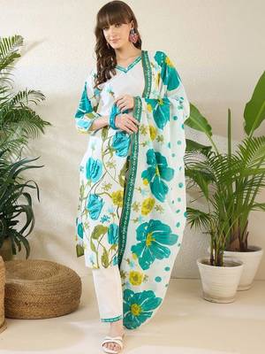 Women Floral Printed Regular Pure Cotton Kurta with Trousers & With Dupatta 6