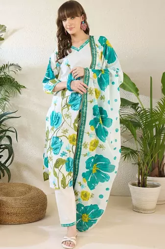 Women Floral Printed Regular Pure Cotton Kurta with Trousers & With Dupatta