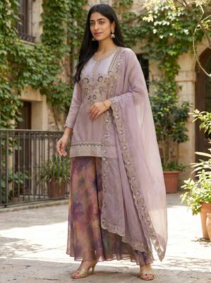 Women's Beautiful Embroidery Work Fendy Satin Fabric Straight Kurta Palazzo and Dupatta Set 5