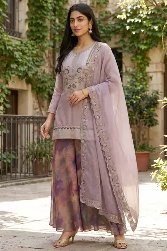 Women's Beautiful Embroidery Work Fendy Satin Fabric Straight Kurta Palazzo and Dupatta Set