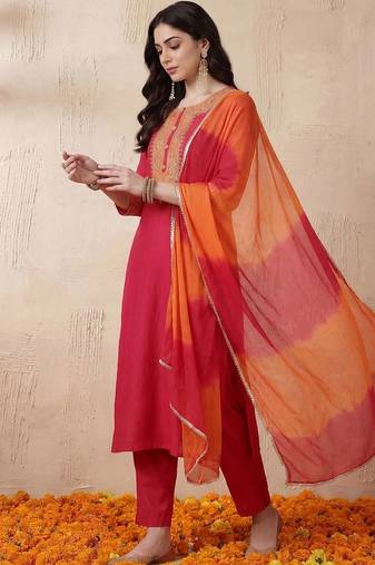 Women Ethnic Motifs Embroidered Regular Thread Work Kurta with Trousers & With Dupatta