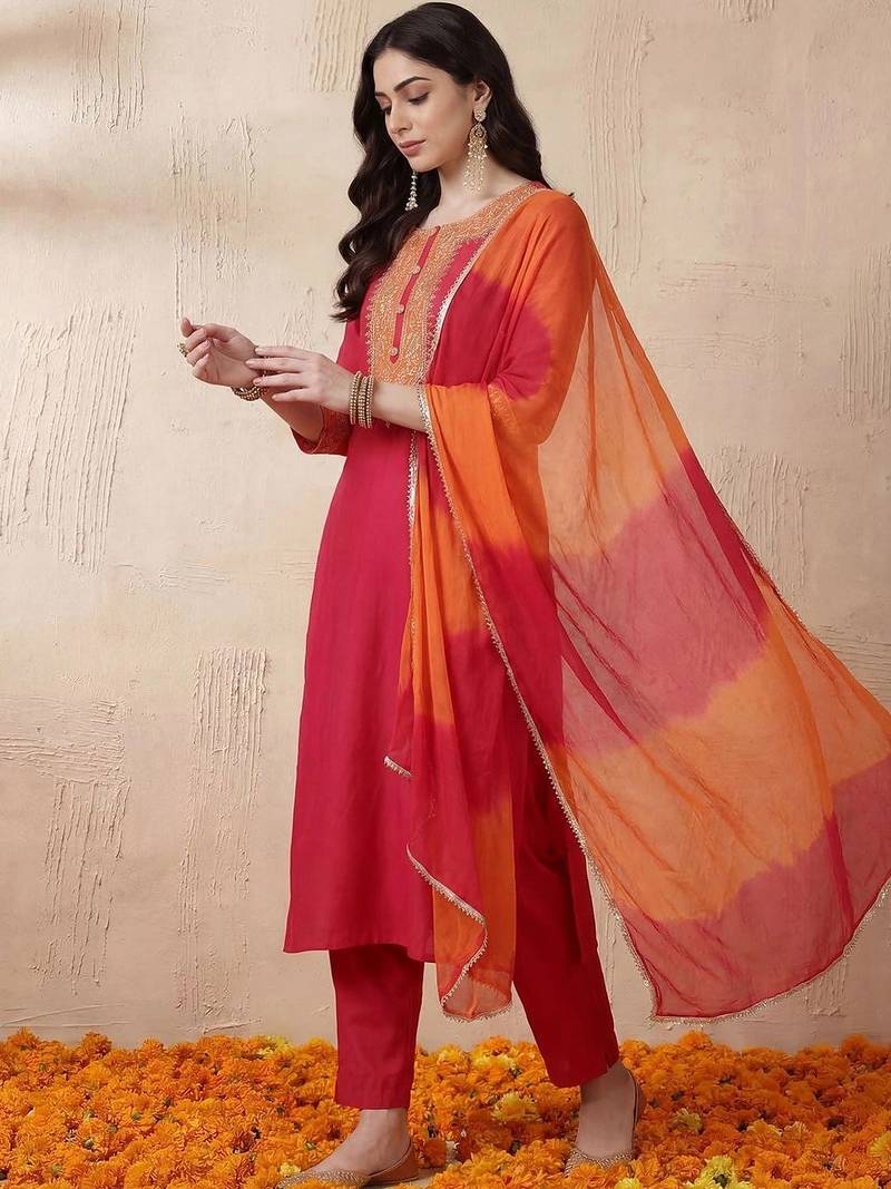 Women Ethnic Motifs Embroidered Regular Thread Work Kurta with Trousers & With Dupatta