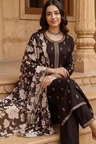 Women Ethnic Motifs Embroidered Regular Thread Work Kurta with Trousers & With Dupatta