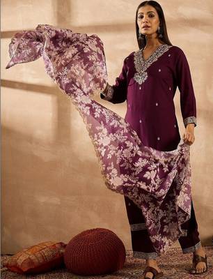Women Ethnic Motifs Embroidered Regular Thread Work Kurta with Palazzos & With Dupatta 1