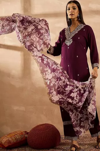 Women Ethnic Motifs Embroidered Regular Thread Work Kurta with Palazzos & With Dupatta