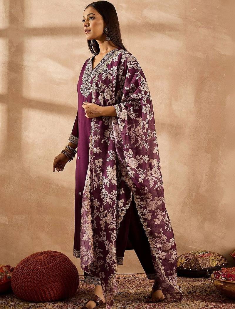 Women Ethnic Motifs Embroidered Regular Thread Work Kurta with Palazzos & With Dupatta