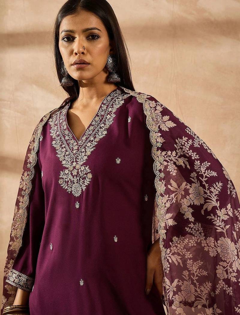 Women Ethnic Motifs Embroidered Regular Thread Work Kurta with Palazzos & With Dupatta