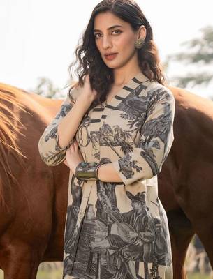 Women Printed Regular Linen Kurta with Trousers 2