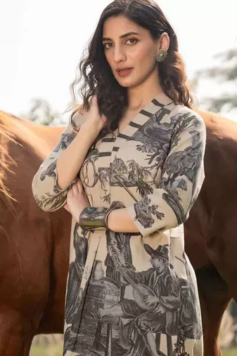 Women Printed Regular Linen Kurta with Trousers