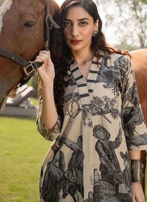 Women Printed Regular Linen Kurta with Trousers 3