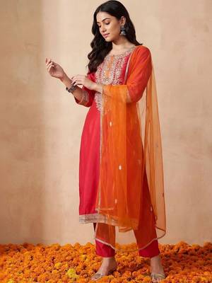 Women Ethnic Motifs Embroidered Regular Kurta with Trousers & With Dupatta 1