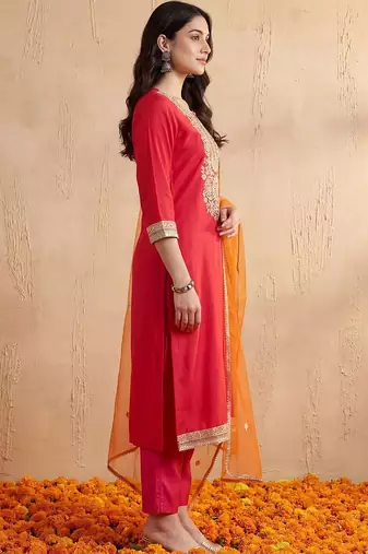 Women Ethnic Motifs Embroidered Regular Kurta with Trousers & With Dupatta