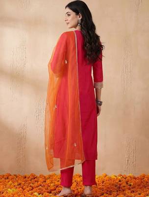 Women Ethnic Motifs Embroidered Regular Kurta with Trousers & With Dupatta 4