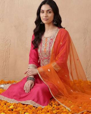 Women Ethnic Motifs Embroidered Regular Kurta with Trousers & With Dupatta 5