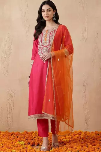 Women Ethnic Motifs Embroidered Regular Kurta with Trousers & With Dupatta