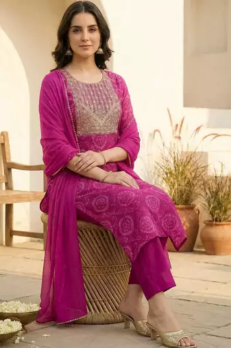 Women Ethnic Motifs Printed Regular Thread Work Kurta with Trousers & With Dupatta