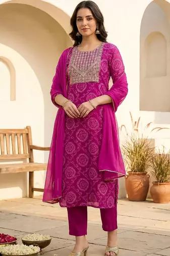 Women Ethnic Motifs Printed Regular Thread Work Kurta with Trousers & With Dupatta