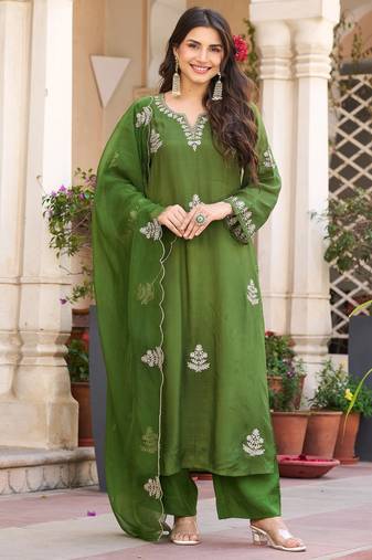Embroidery Viscose Chanderi Fabric Straight Kurta Pant and Dupatta Set