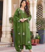 Embroidery Viscose Chanderi Fabric Straight Kurta Pant and Dupatta Set
