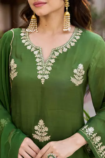 Embroidery Viscose Chanderi Fabric Straight Kurta Pant and Dupatta Set
