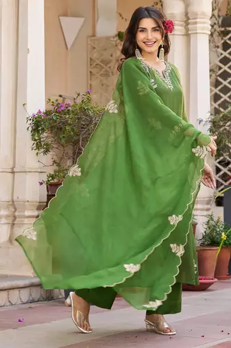 Embroidery Viscose Chanderi Fabric Straight Kurta Pant and Dupatta Set