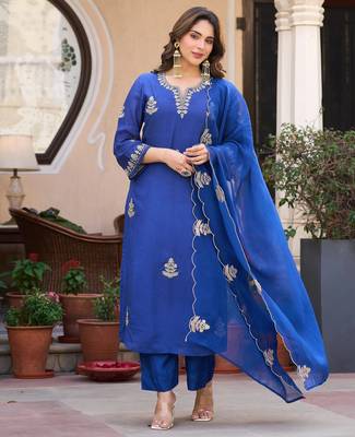 Embroidery Viscose Chanderi Fabric Straight Kurta Pant and Dupatta Set 1