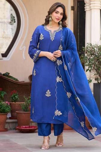 Embroidery Viscose Chanderi Fabric Straight Kurta Pant and Dupatta Set