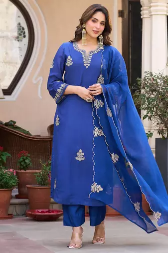 Embroidery Viscose Chanderi Fabric Straight Kurta Pant and Dupatta Set